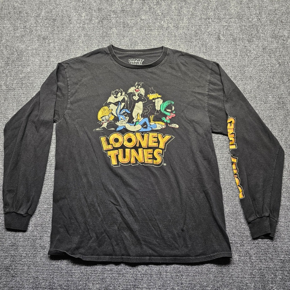 Looney Tunes Mens Long Sleeve Graphic T-Shirt Black Bugs Bunny Daffy Duck Large